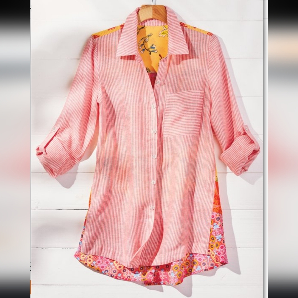 Soft Surroundings Pink and Yellow Patchwork Eden Island Linen Top - Picture 11 of 12